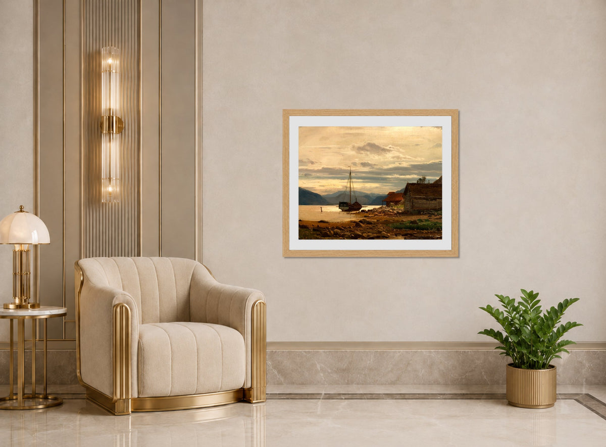 Amaldus Nielsen Print, Fra Balestrand (1866) displayed in an Art Deco interior