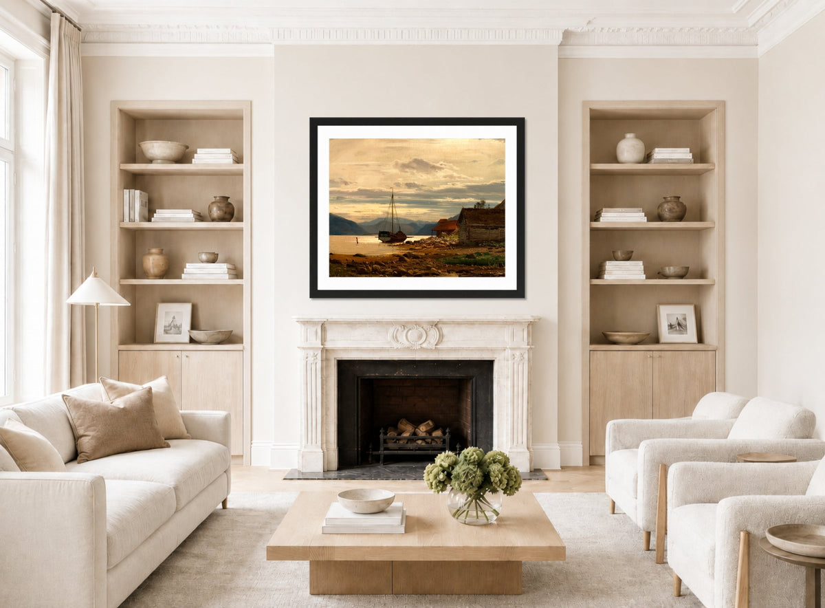 Amaldus Nielsen Print, Fra Balestrand (1866) displayed in a Scandinavian living room