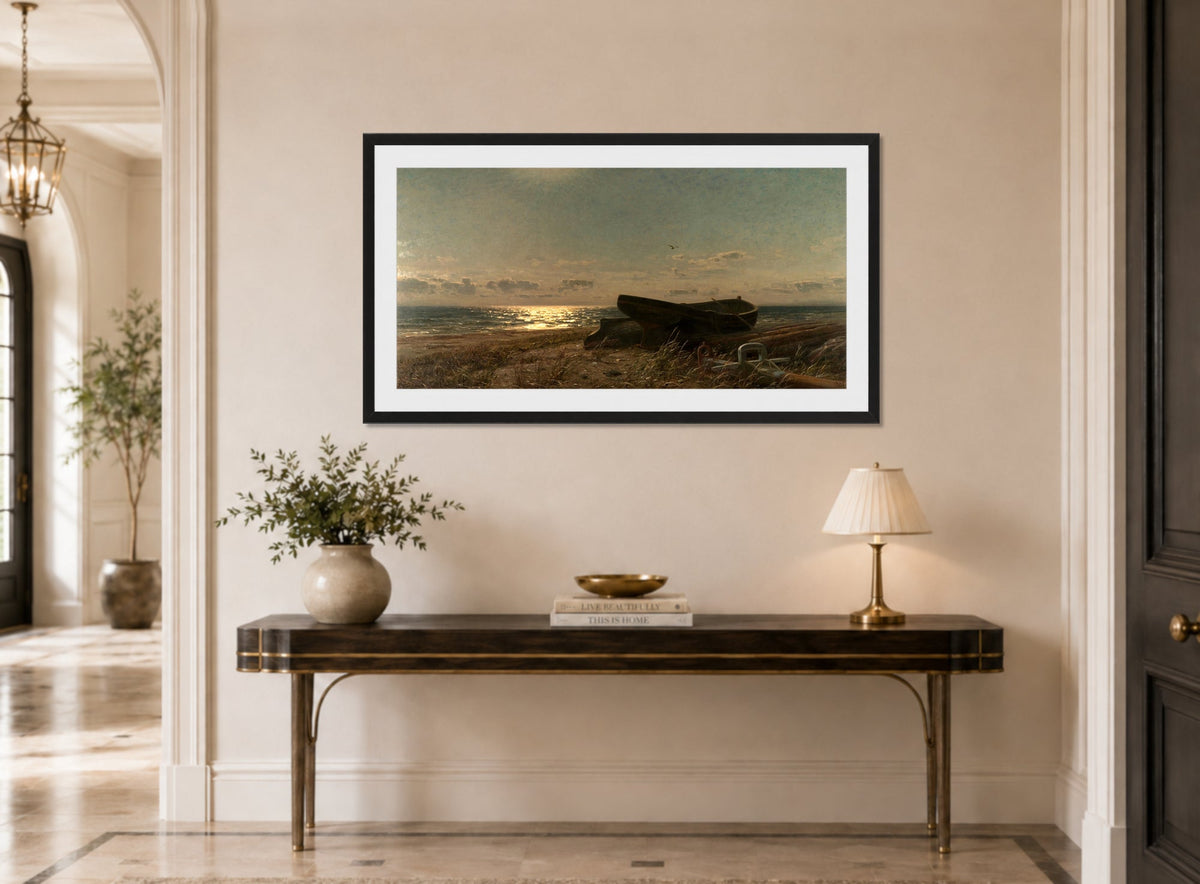 Amaldus Nielsen Print, Fra Bjarke (1905) displayed above a console table