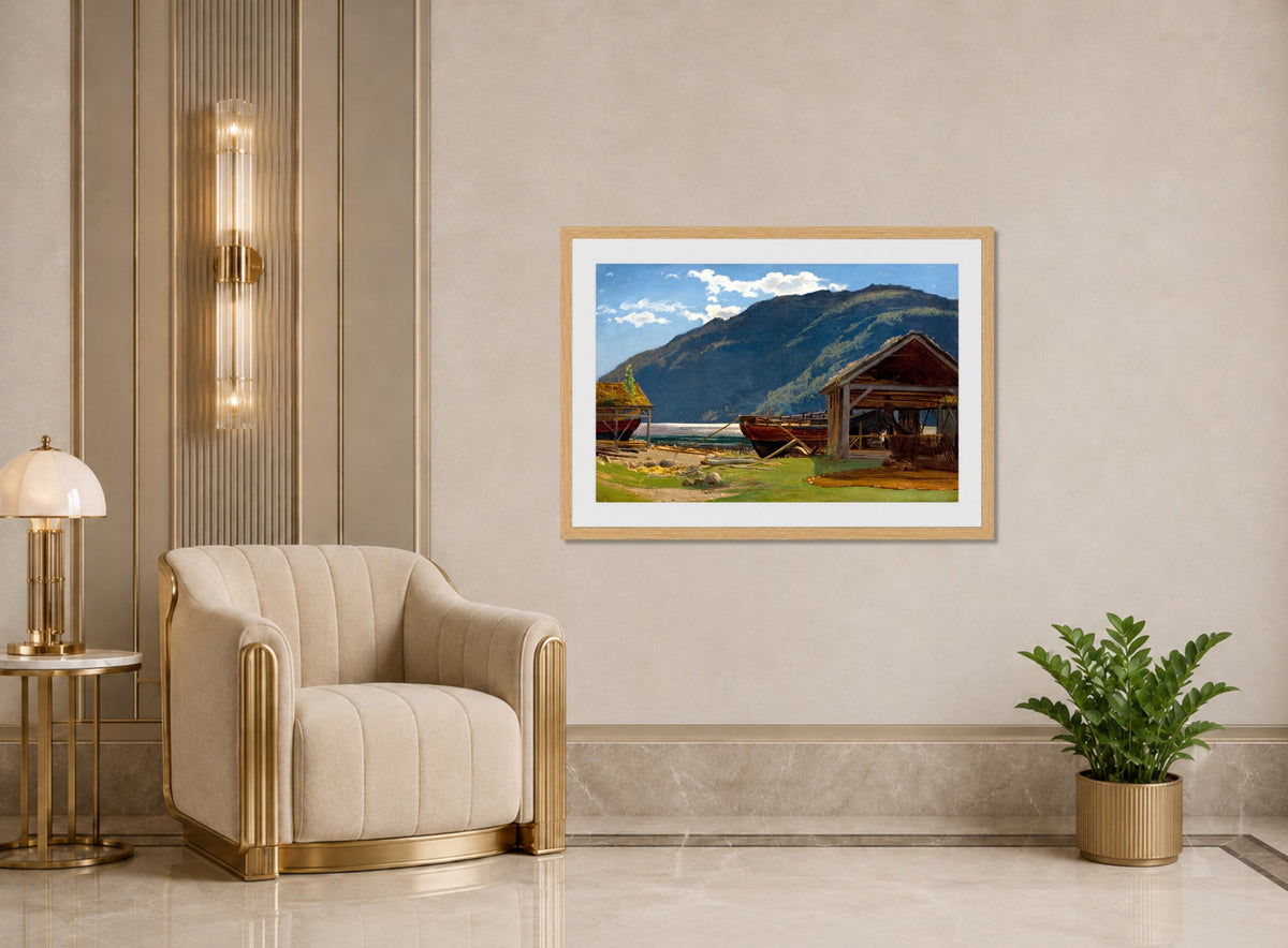 Amaldus Nielsen Print, Fra Eide, Hardanger (1865) displayed in an Art Deco interior