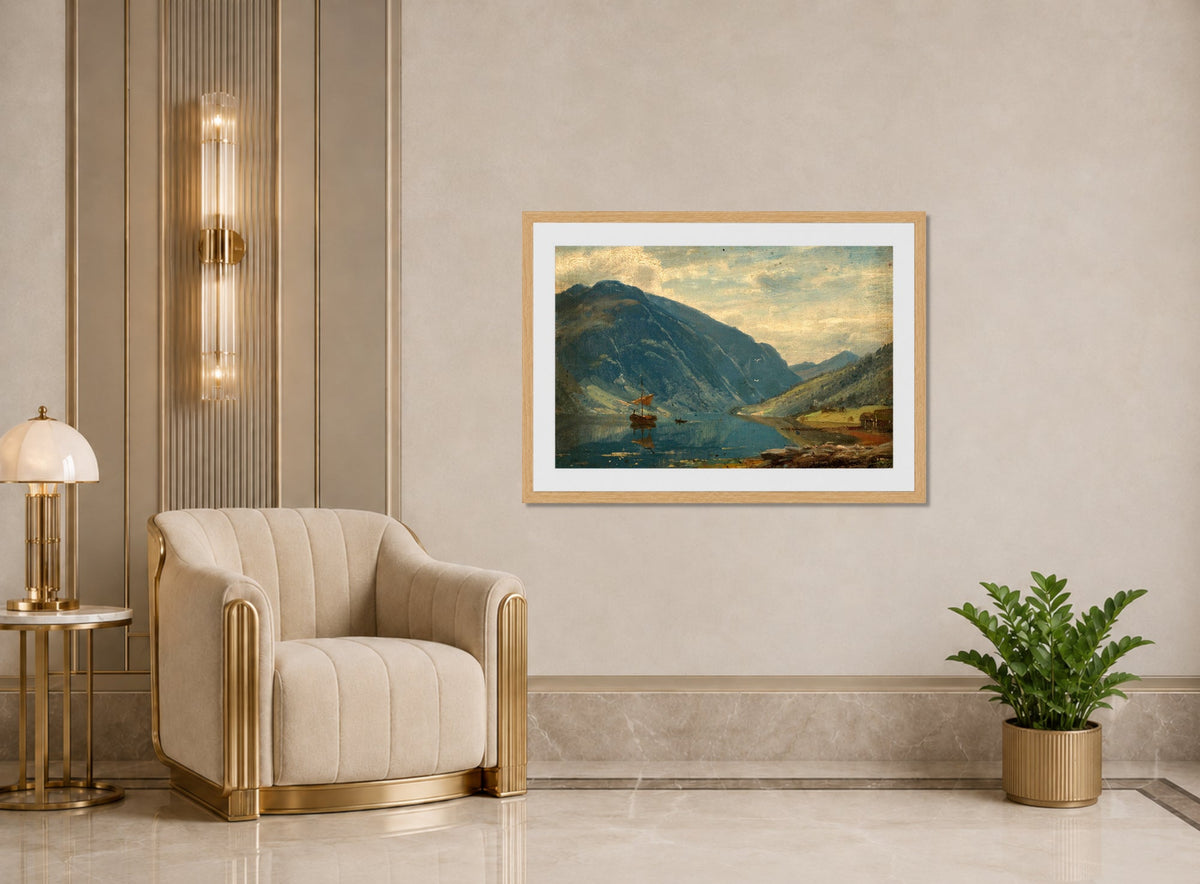 Amaldus Nielsen Print, Fra Fjærland (1877) displayed in an Art Deco interior