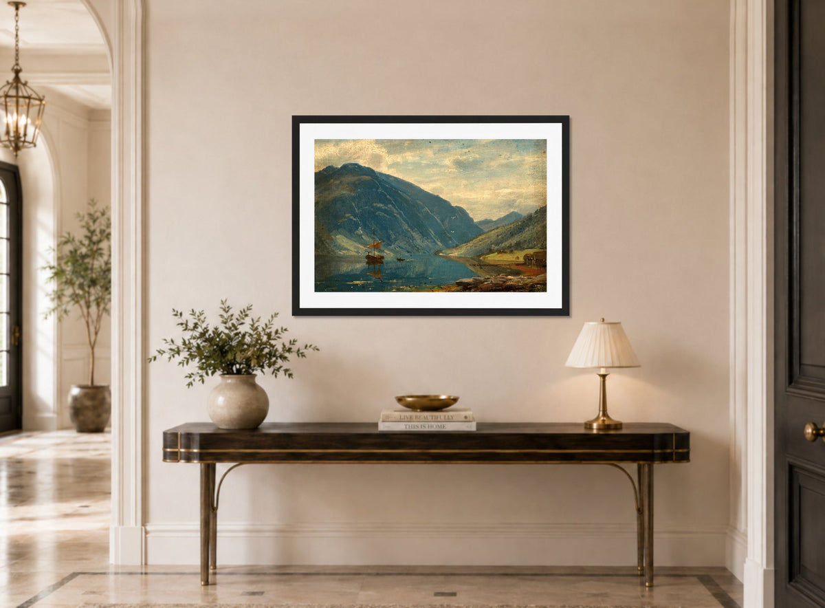 Amaldus Nielsen Print, Fra Fjærland (1877) displayed above a console table