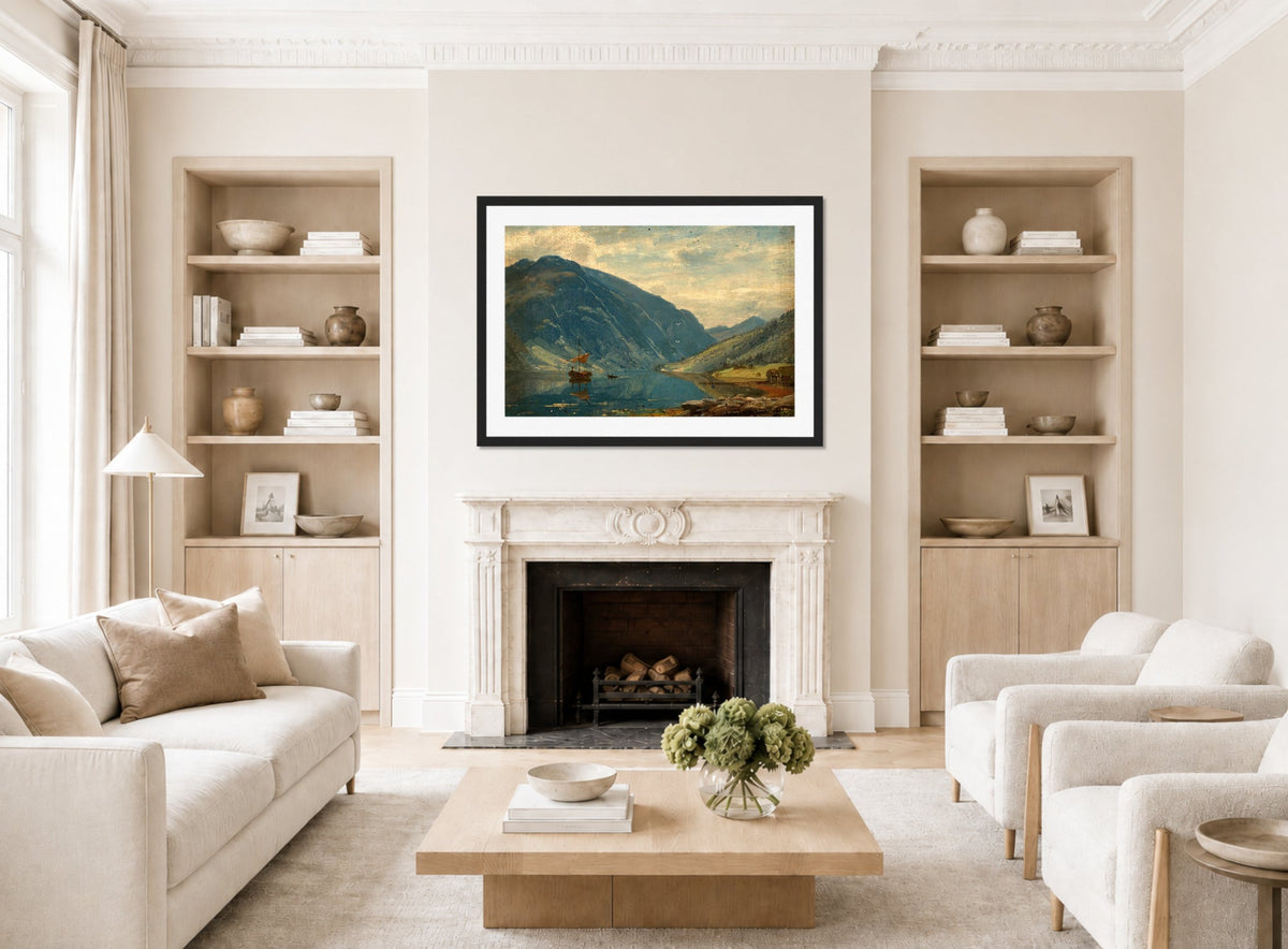 Amaldus Nielsen Print, Fra Fjærland (1877) displayed in a Scandinavian living room