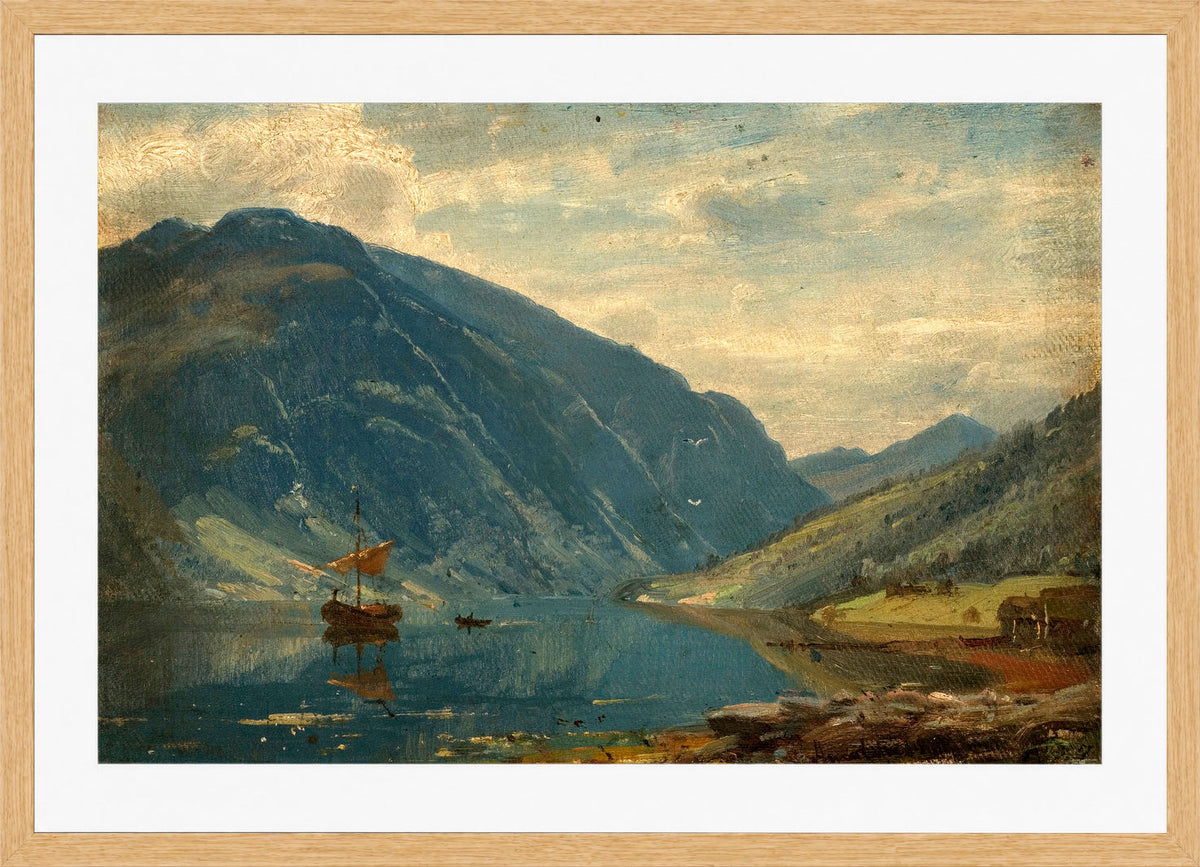 Amaldus Nielsen Print, Fra Fjærland (1877) in a light oak frame