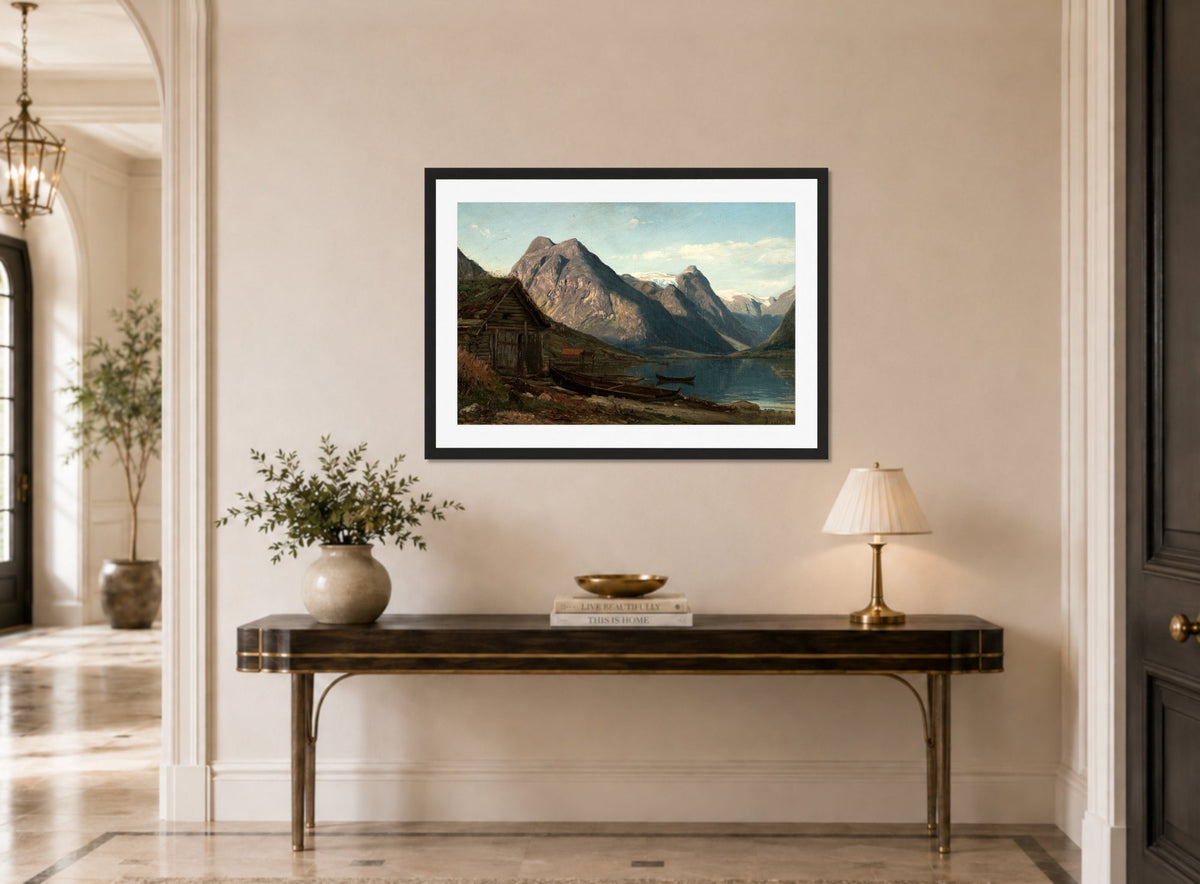 Amaldus Nielsen Print, Fra Fjærlandsfjorden (Supphellebreen) (1877) displayed above a console table