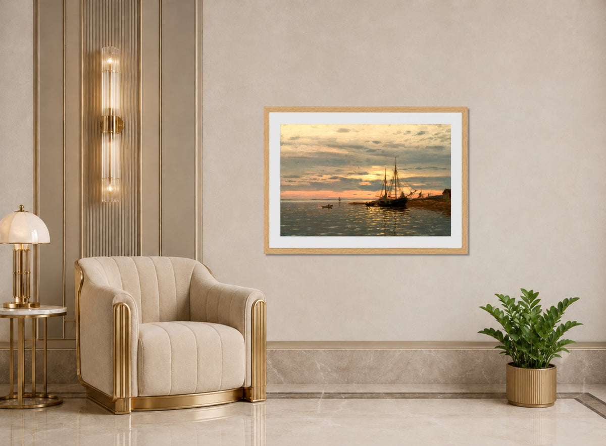Amaldus Nielsen Print, Fra fjorden (1906) displayed in an Art Deco interior