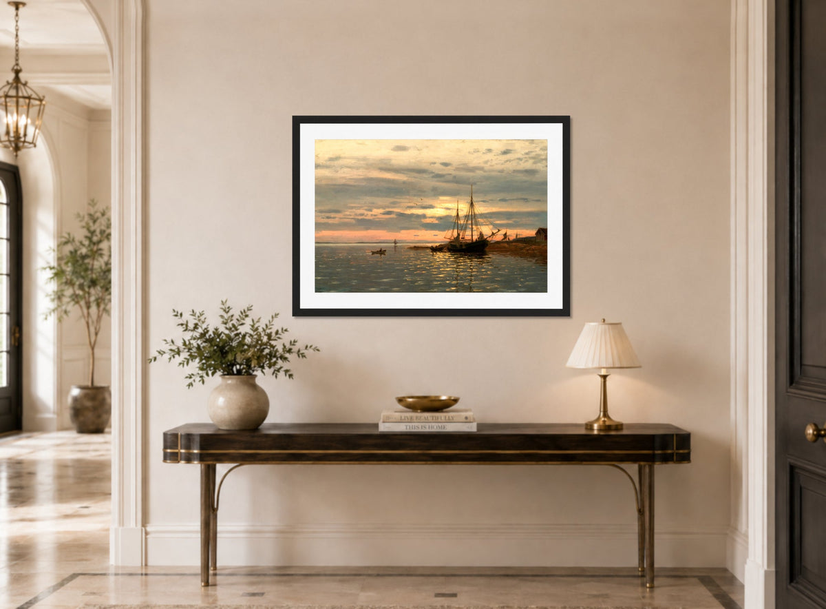 Amaldus Nielsen Print, Fra fjorden (1906) displayed above a console table