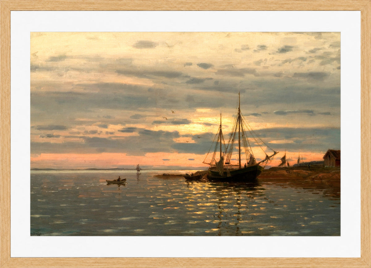 Amaldus Nielsen Print, Fra fjorden (1906) in a light oak frame