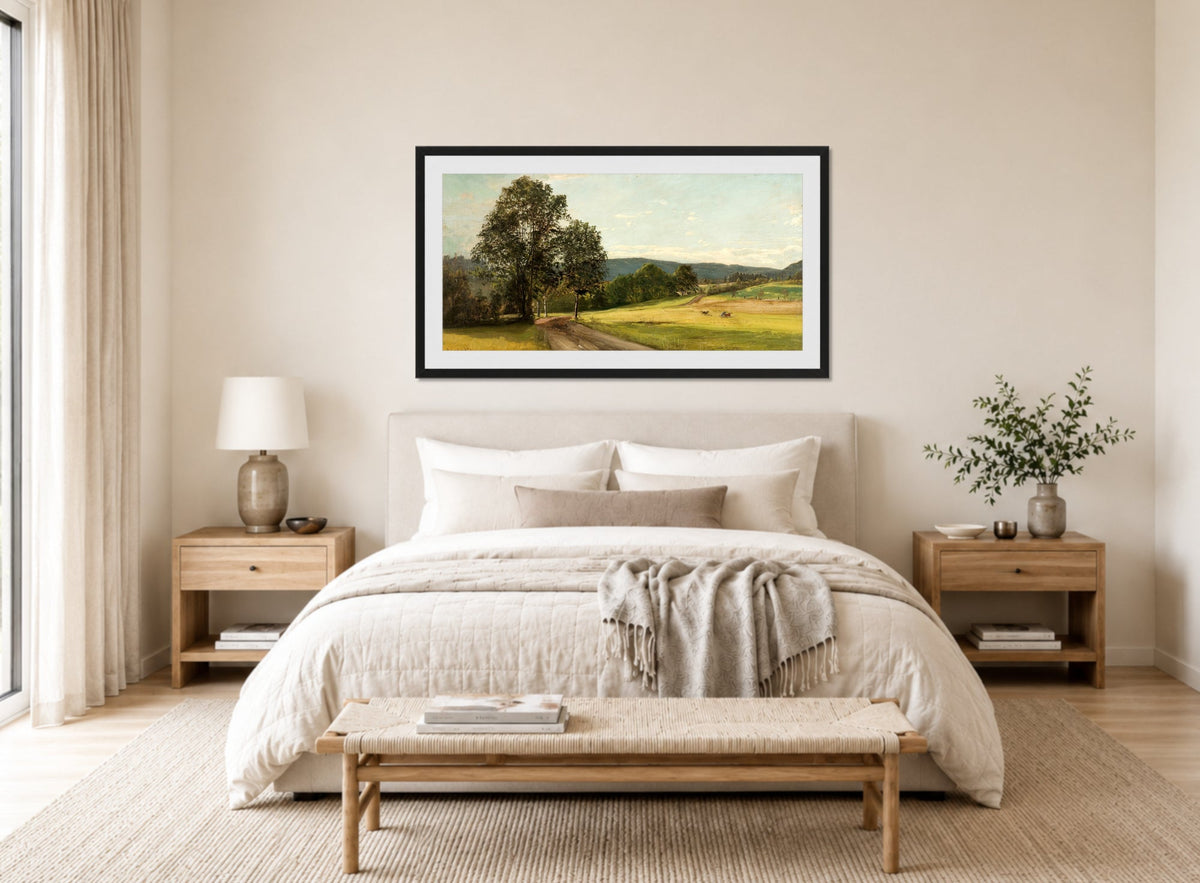 Amaldus Nielsen Print, Fra Frøen, Vestre Aker (1872) displayed above a bed