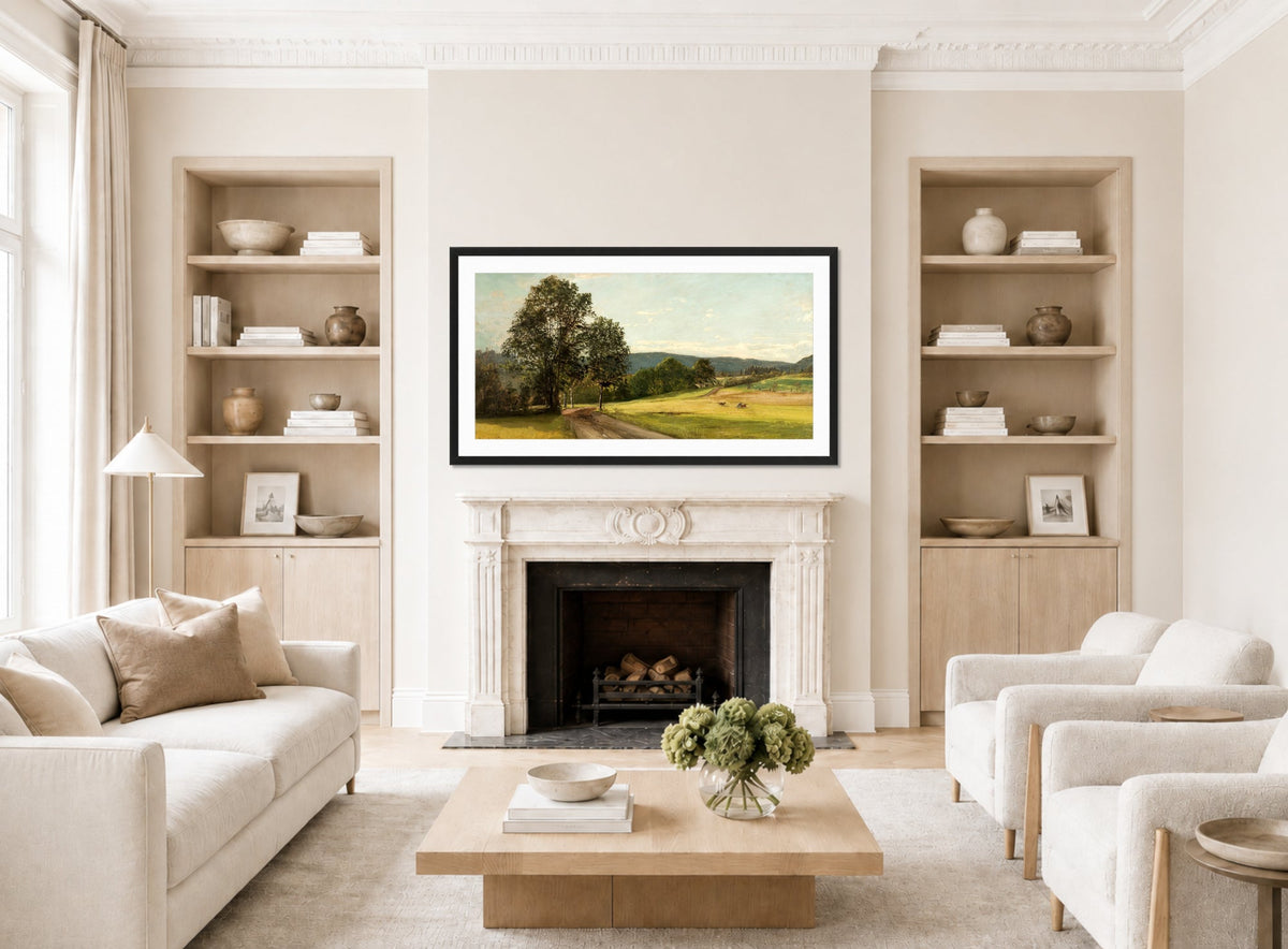 Amaldus Nielsen Print, Fra Frøen, Vestre Aker (1872) displayed in a Scandinavian living room