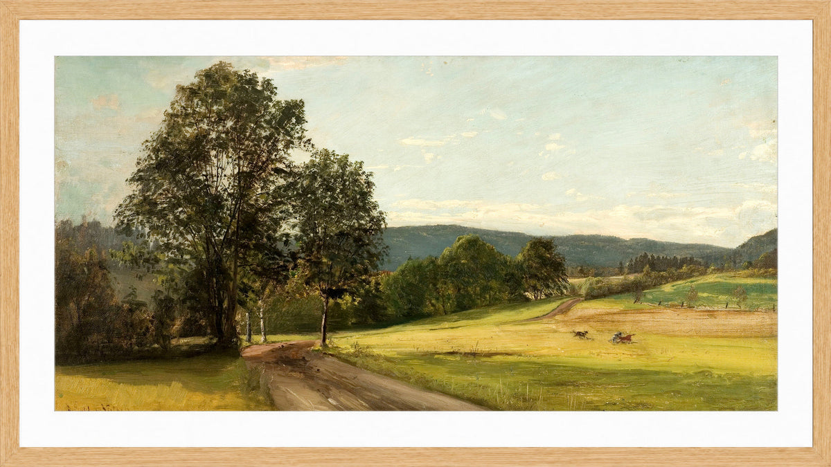 Amaldus Nielsen Print, Fra Frøen, Vestre Aker (1872) in a light oak frame
