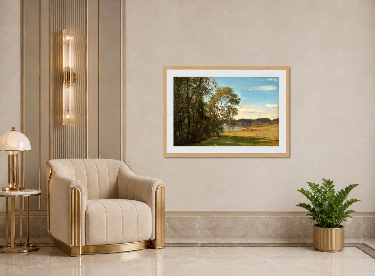 Amaldus Nielsen Print, Fra Frognerkilen (1866) displayed in an Art Deco interior