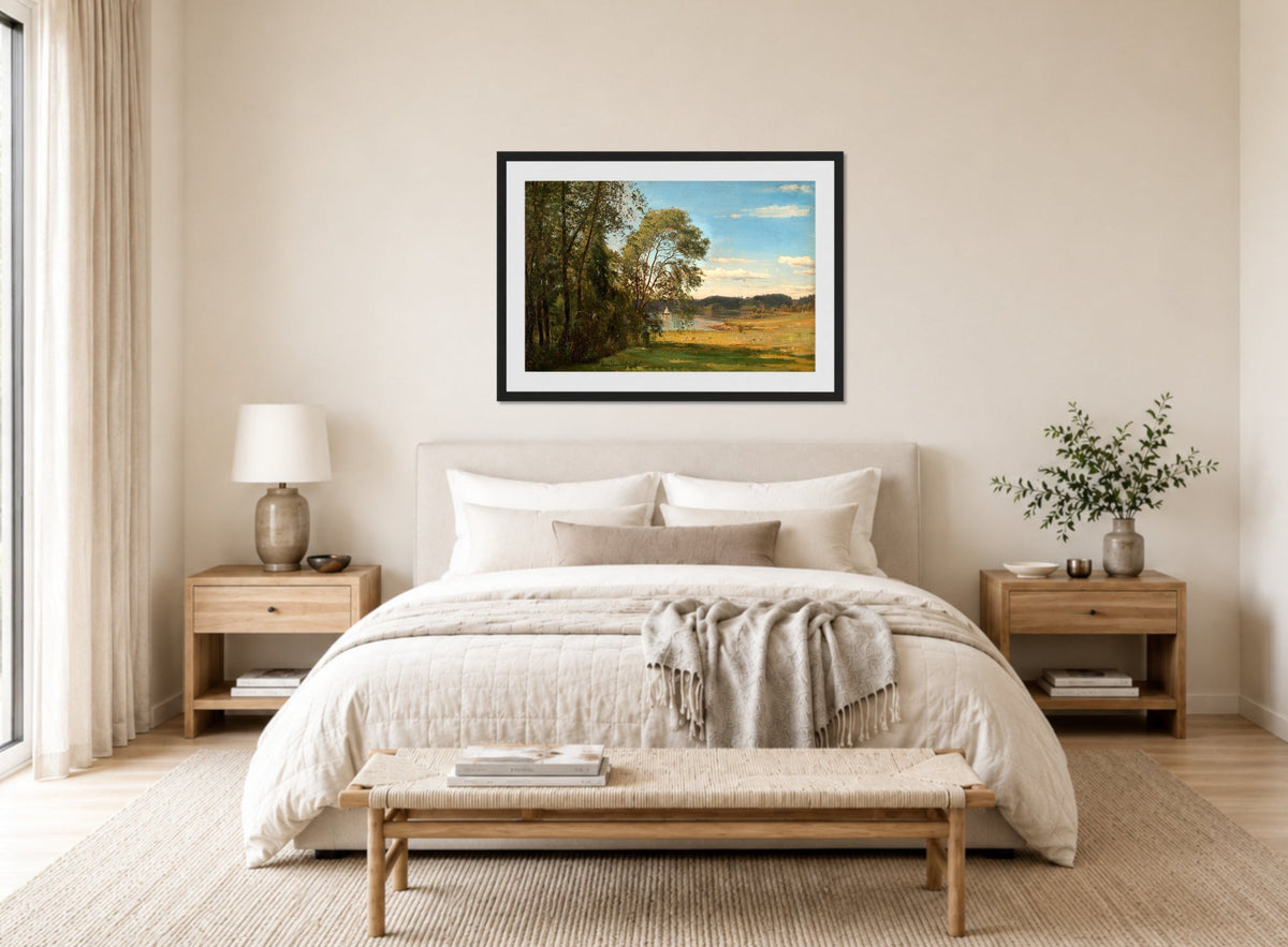 Amaldus Nielsen Print, Fra Frognerkilen (1866) displayed above a bed