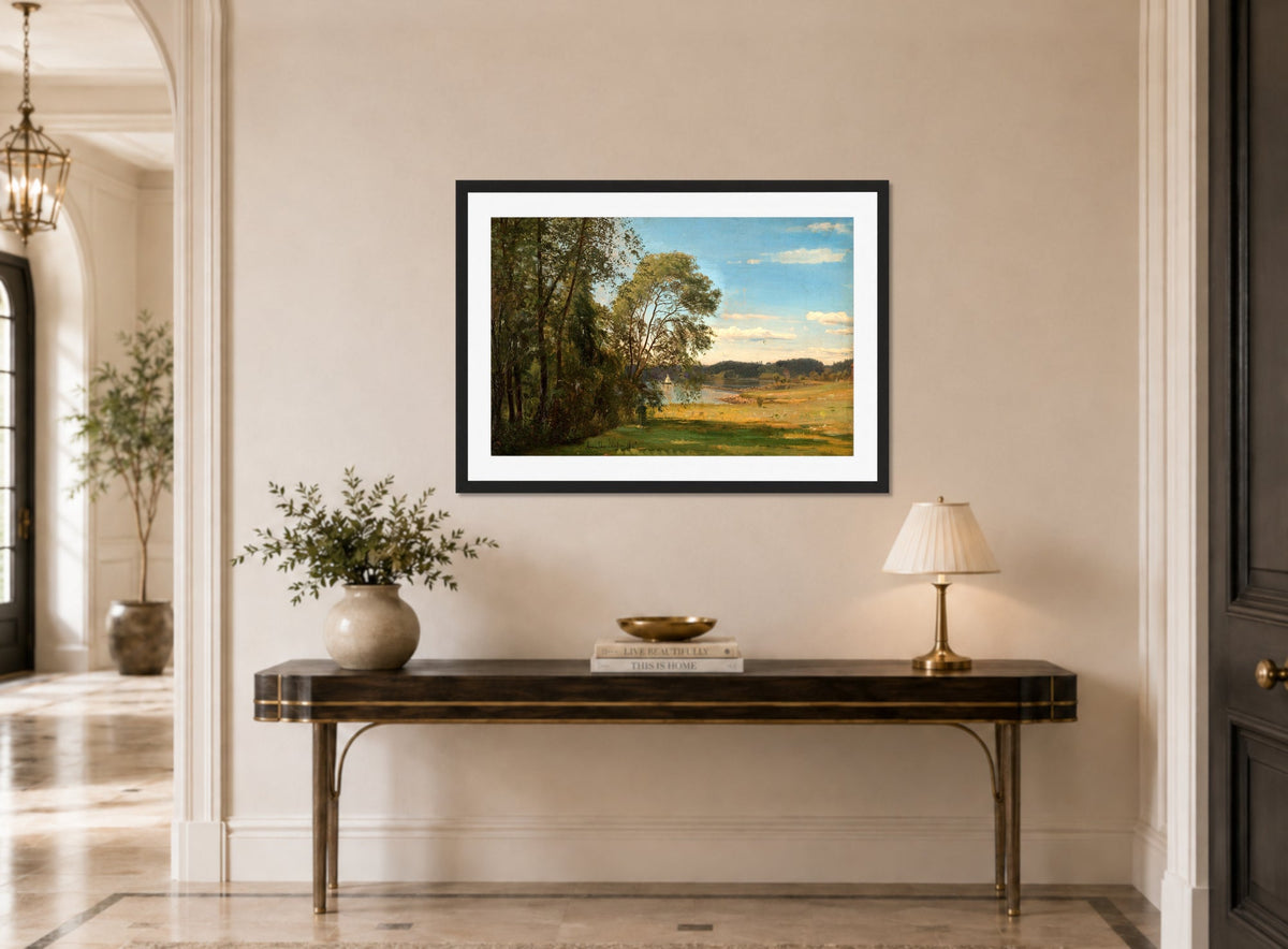 Amaldus Nielsen Print, Fra Frognerkilen (1866) displayed above a console table