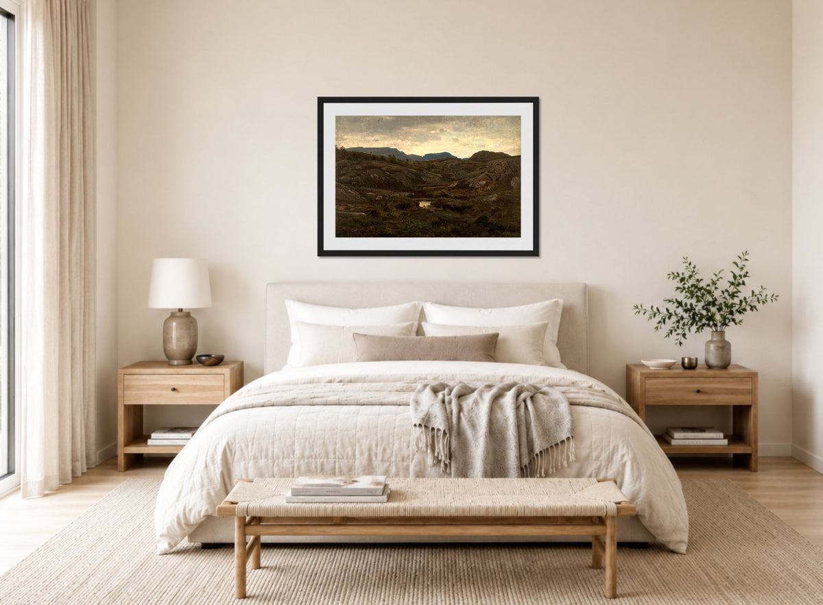 Amaldus Nielsen Print, Fra heiene ved Aafjord (1908) displayed above a bed