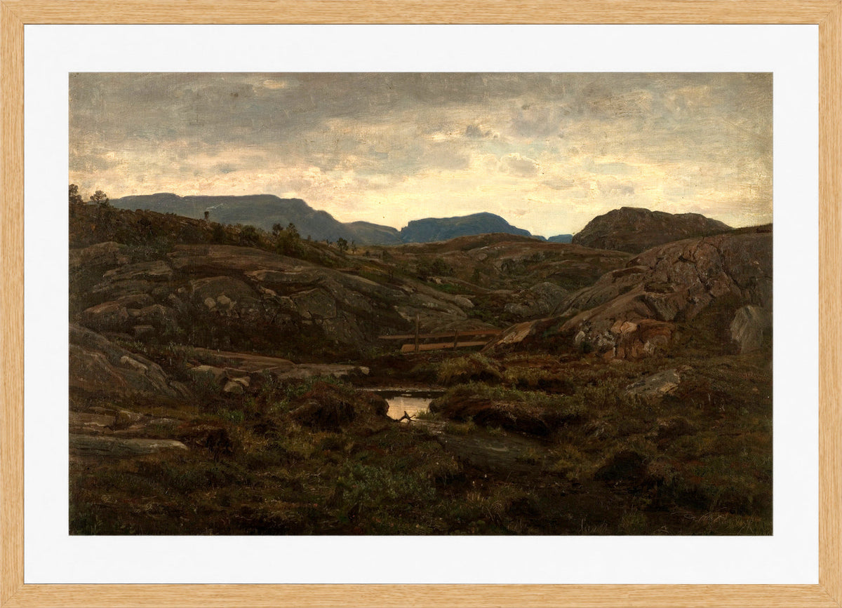 Amaldus Nielsen Print, Fra heiene ved Aafjord (1908) in a light oak frame