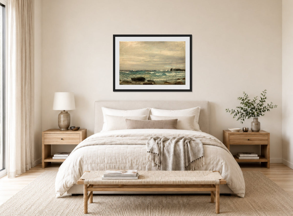 Amaldus Nielsen Print, Fra Hodne, Jæren (1892) displayed above a bed