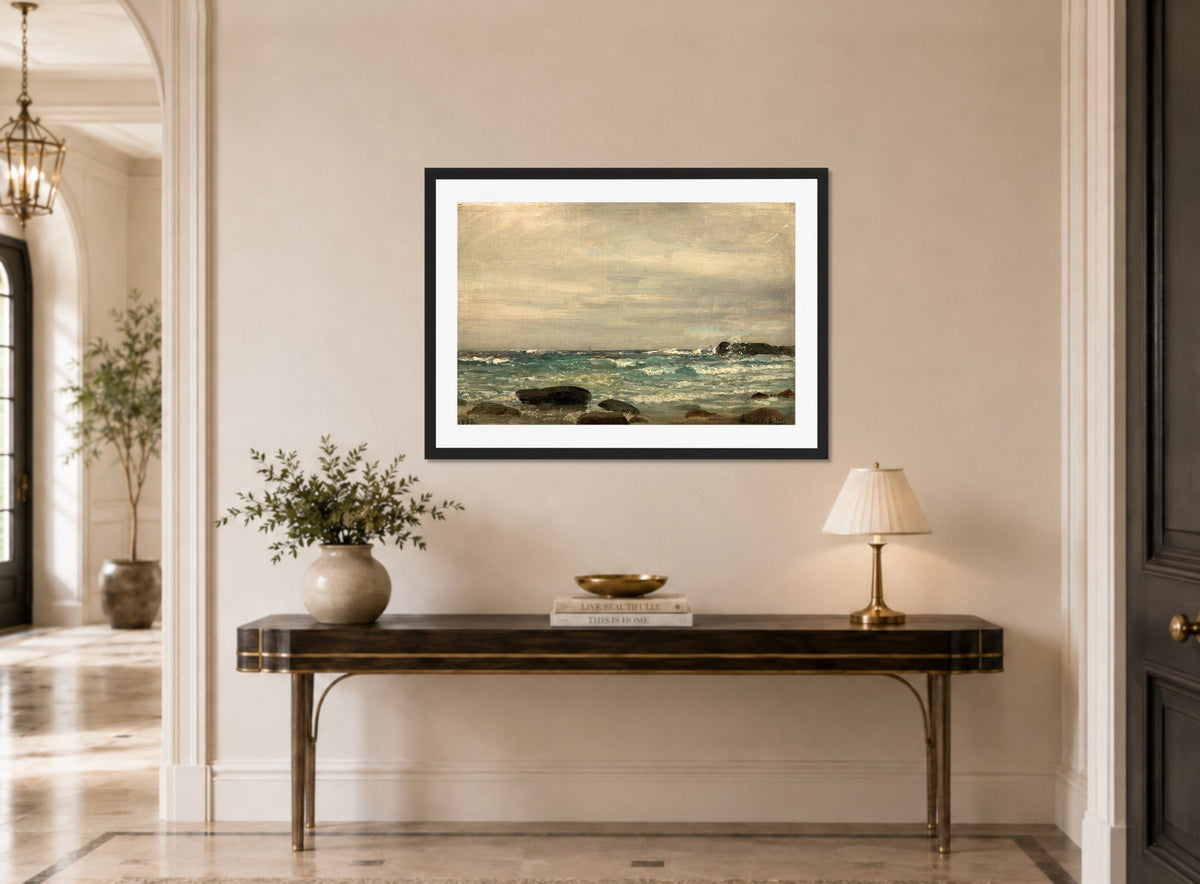 Amaldus Nielsen Print, Fra Hodne, Jæren (1892) displayed above a console table