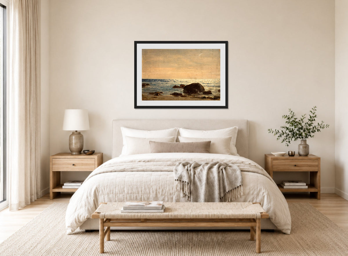 Amaldus Nielsen Print, Fra Jæren (1892) displayed above a bed