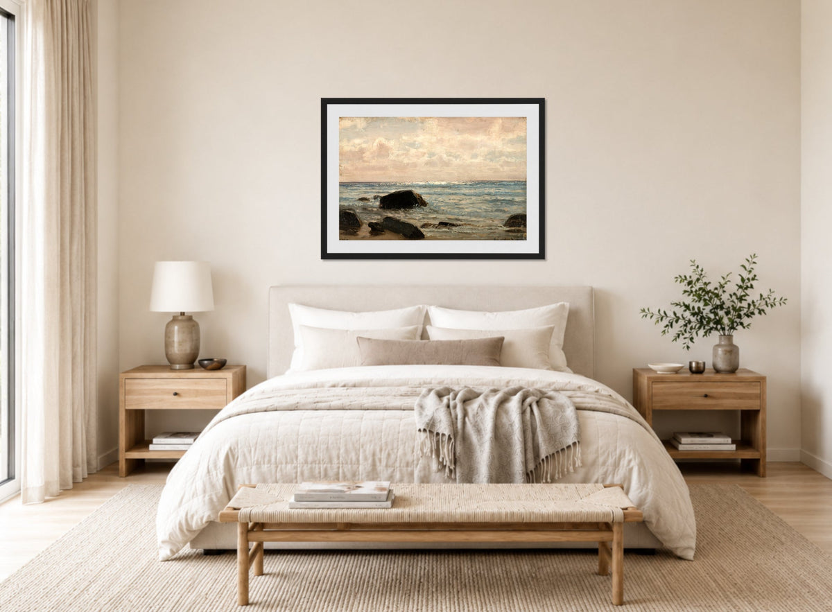 Amaldus Nielsen Print, Fra Jæren (1892) displayed above a bed