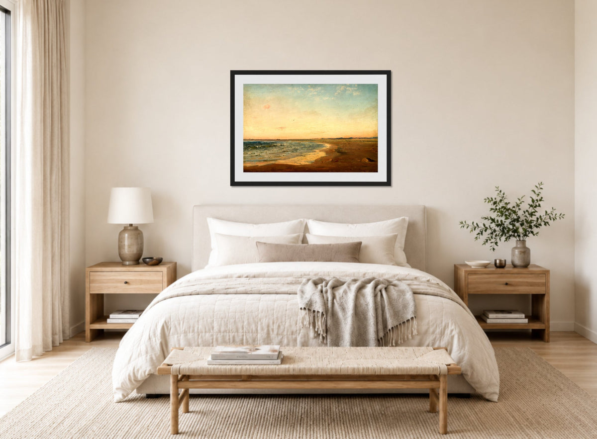 Amaldus Nielsen Print, Fra Nærland, Jæren (1894) displayed above a bed