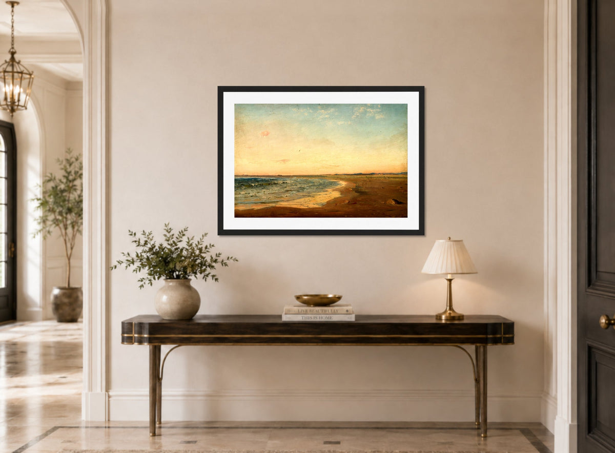 Amaldus Nielsen Print, Fra Nærland, Jæren (1894) displayed above a console table