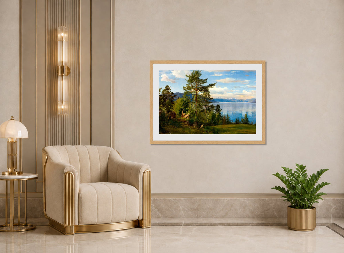 Amaldus Nielsen Print, Fra Ænes, Kvinnherred (1864) displayed in an Art Deco interior