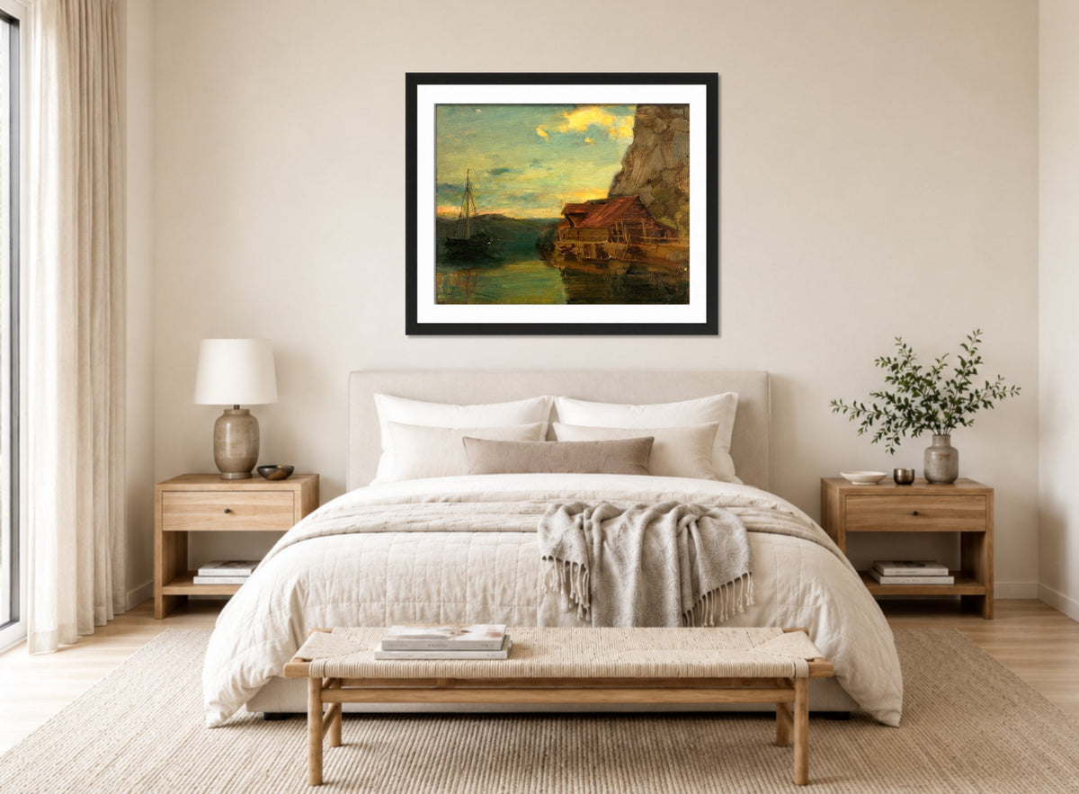 Amaldus Nielsen Print, Fra Solsvik, Bergen (1861) displayed above a bed