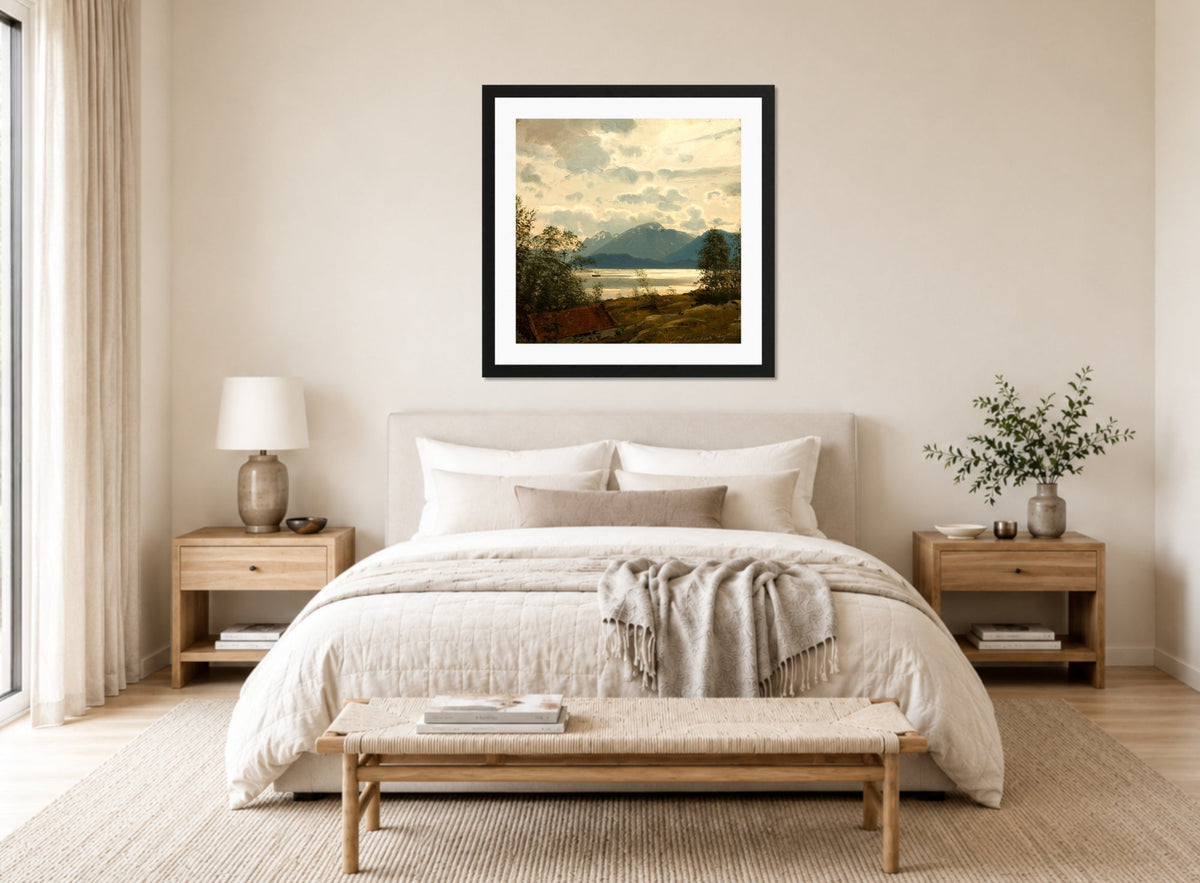 Amaldus Nielsen Print, Fra Terøen, Bergen (1863) displayed above a bed