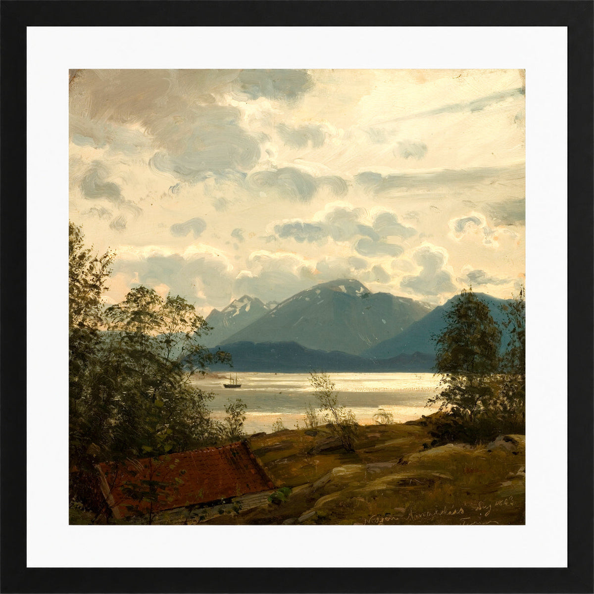 Amaldus Nielsen Print, Fra Terøen, Bergen (1863) in a black frame