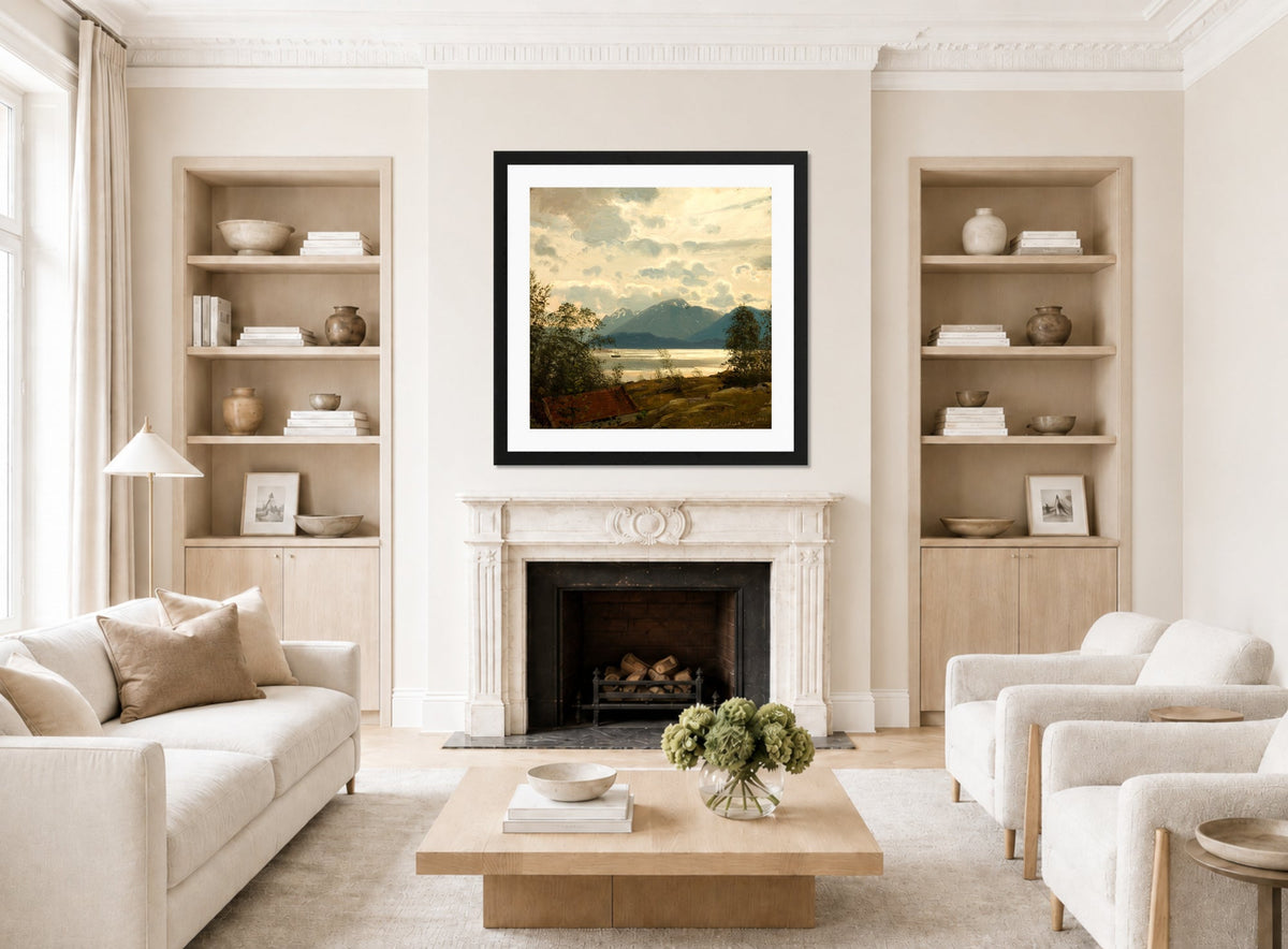 Amaldus Nielsen Print, Fra Terøen, Bergen (1863) displayed in a Scandinavian living room