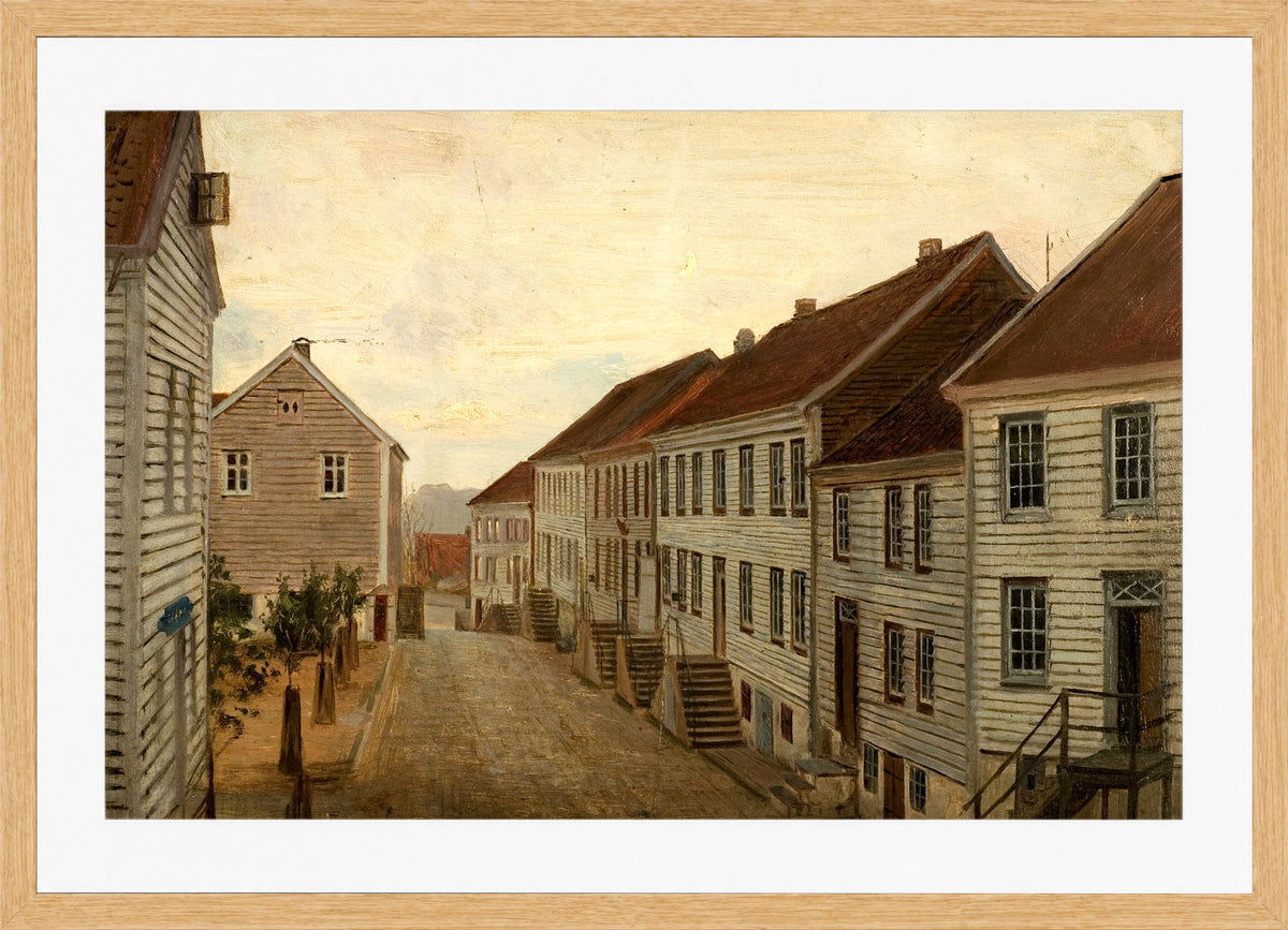 Amaldus Nielsen Print, Gate i Mandal (1859) in a light oak frame