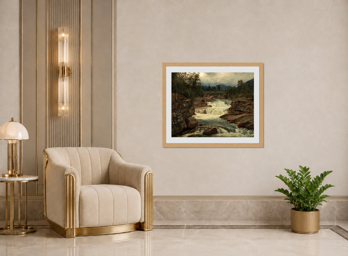 Amaldus Nielsen Print, Hornindalsfossen, Nordfjord (1879) displayed in an Art Deco interior