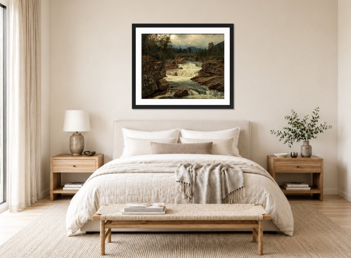 Amaldus Nielsen Print, Hornindalsfossen, Nordfjord (1879) displayed above a bed