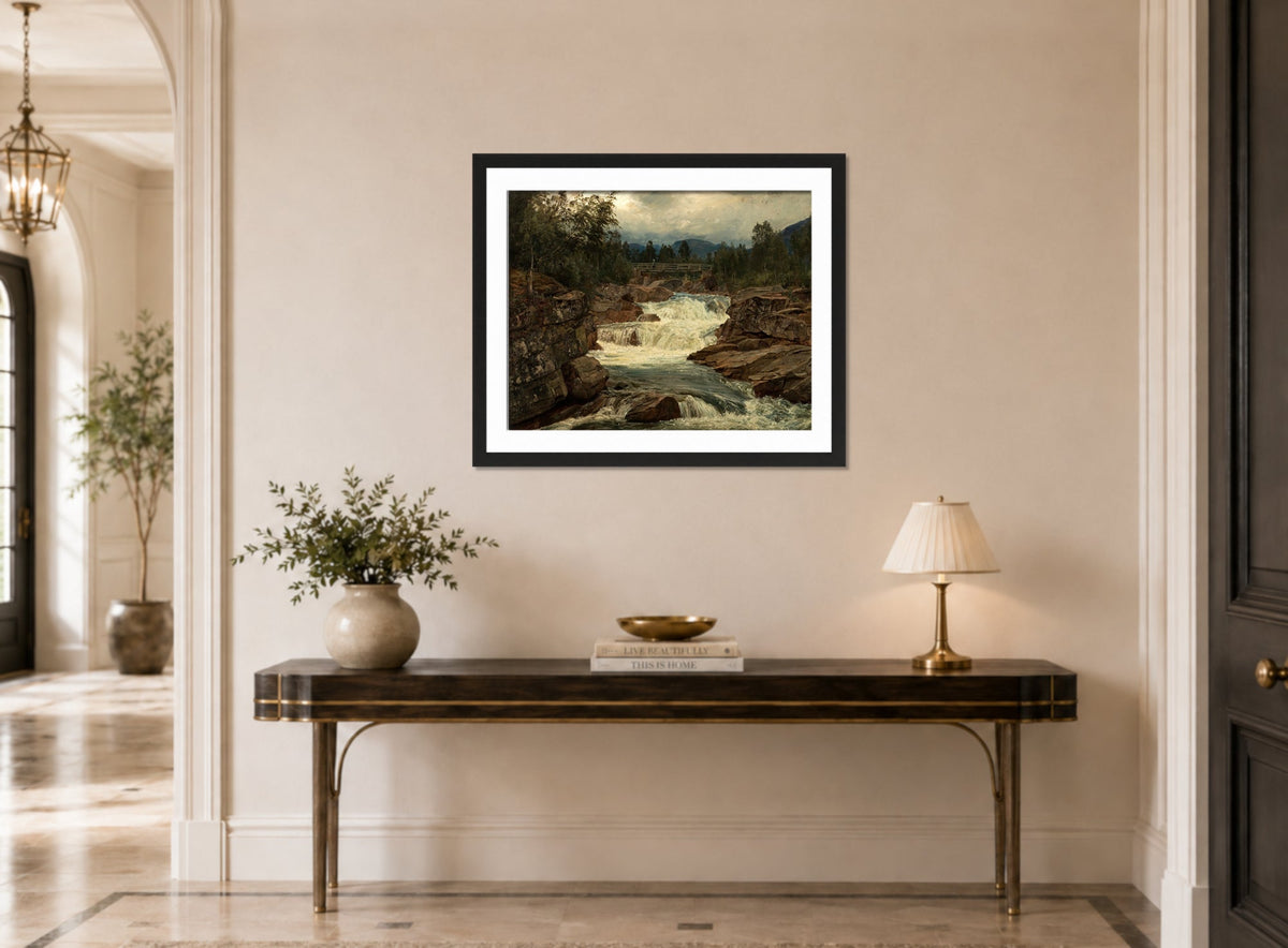 Amaldus Nielsen Print, Hornindalsfossen, Nordfjord (1879) displayed above a console table