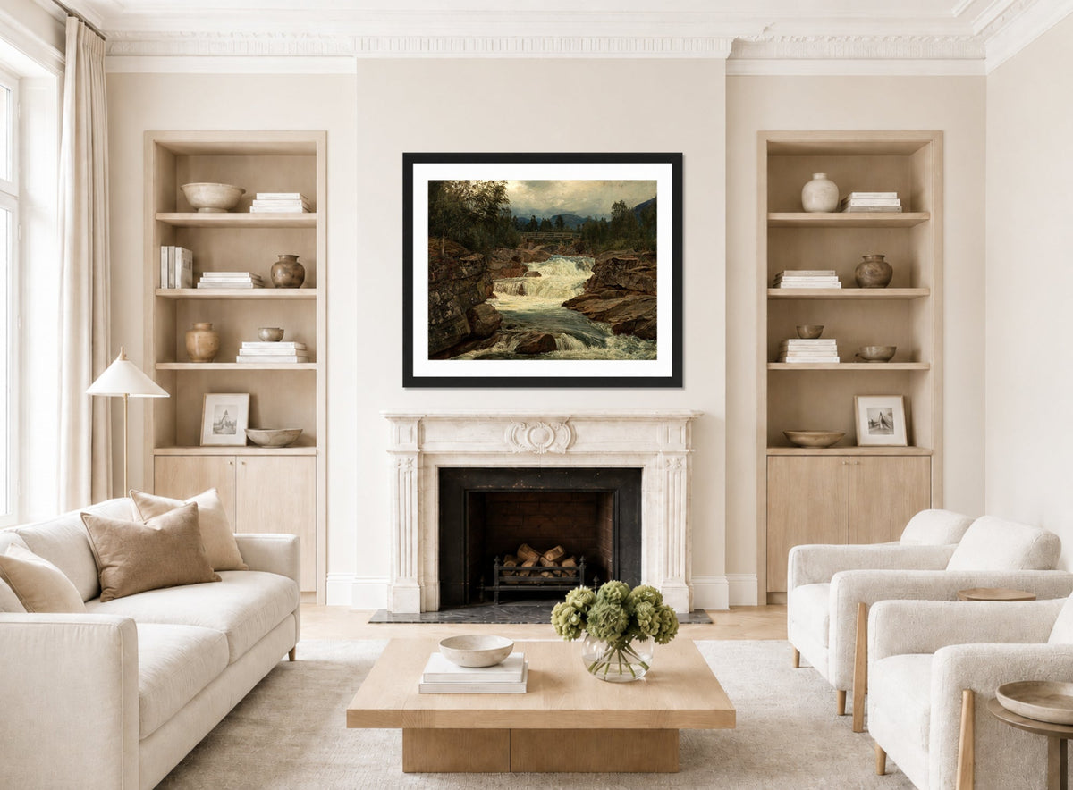 Amaldus Nielsen Print, Hornindalsfossen, Nordfjord (1879) displayed in a Scandinavian living room