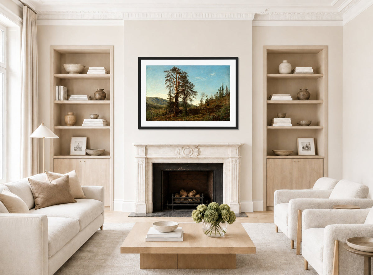 Amaldus Nielsen Print, I Vingeråsheia, Telemark (1866) displayed in a Scandinavian living room