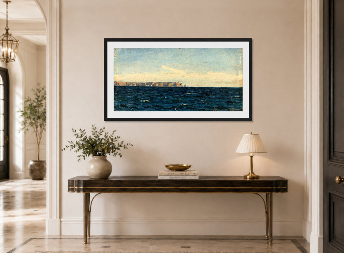Amaldus Nielsen Print, Kap San Vincente (1860) displayed above a console table