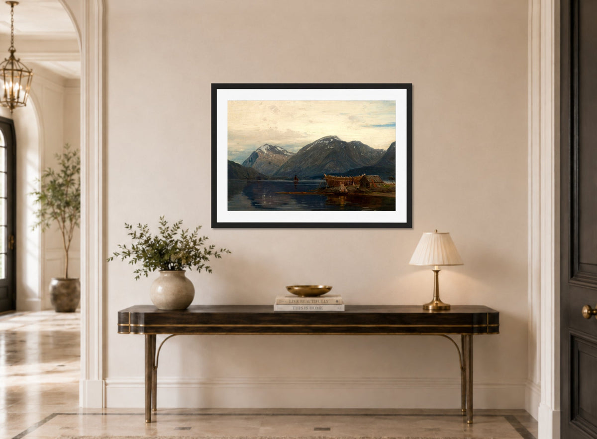 Amaldus Nielsen Print, Ølve, Hardanger (1873) displayed above a console table