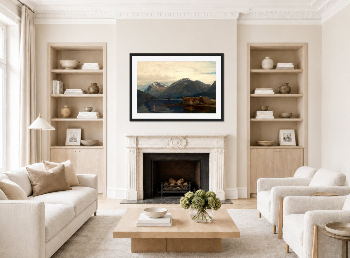 Amaldus Nielsen Print, Ølve, Hardanger (1873) displayed in a Scandinavian living room