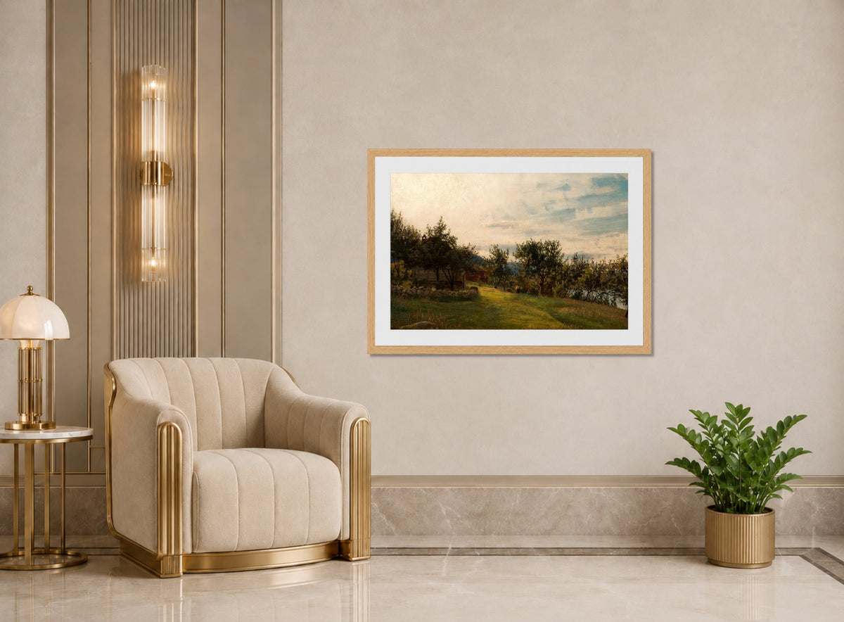 Amaldus Nielsen Print, Nøsthaug, Kvinnherred (1873) displayed in an Art Deco interior