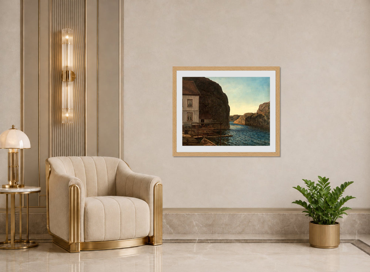 Amaldus Nielsen Print, Olafsundet, Ny-Hellesund (1911) displayed in an Art Deco interior