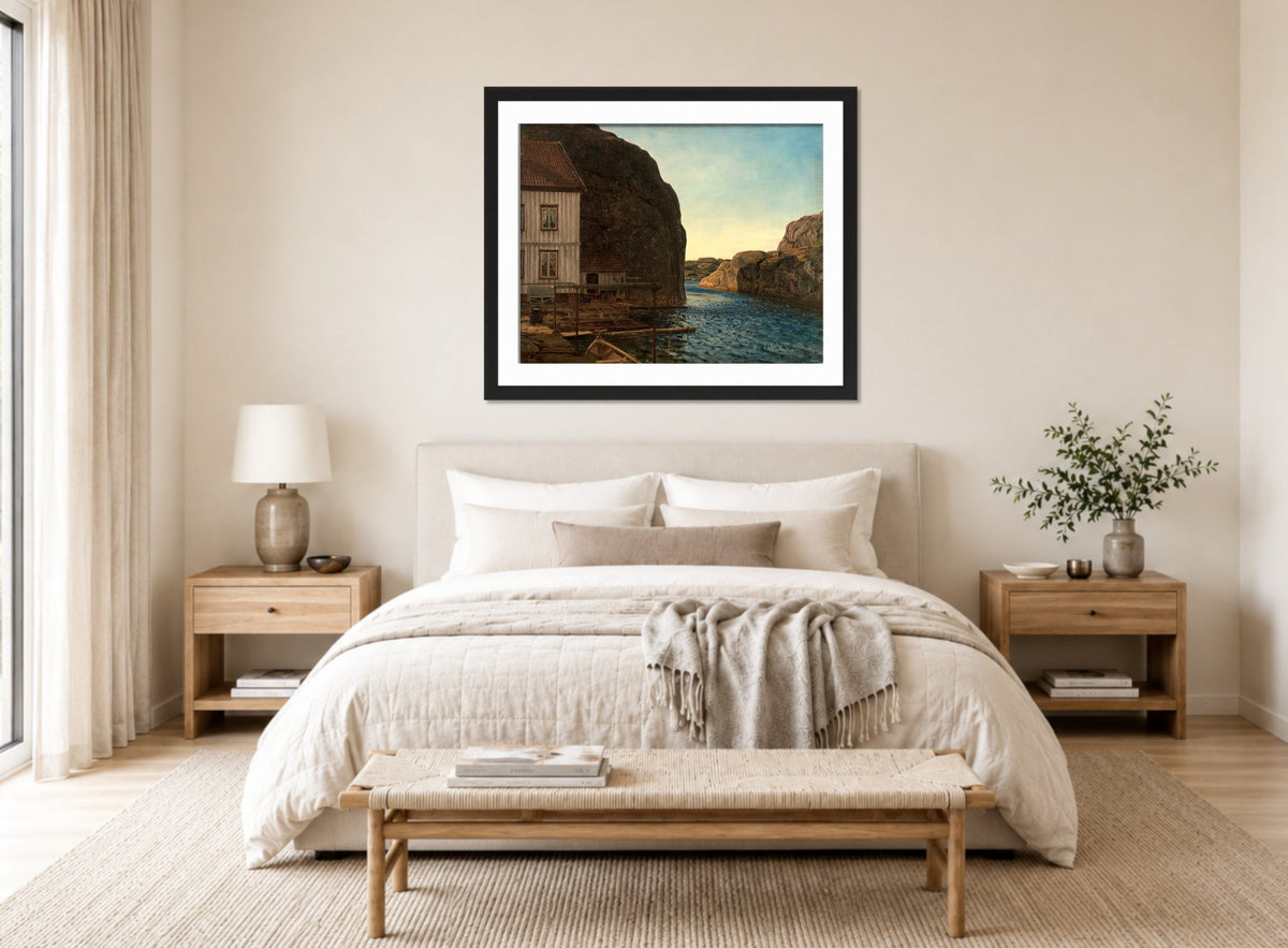 Amaldus Nielsen Print, Olafsundet, Ny-Hellesund (1911) displayed above a bed