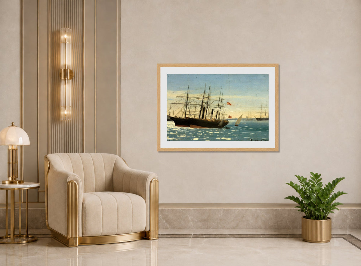 Amaldus Nielsen Print, På reden, Cadix (1860) displayed in an Art Deco interior