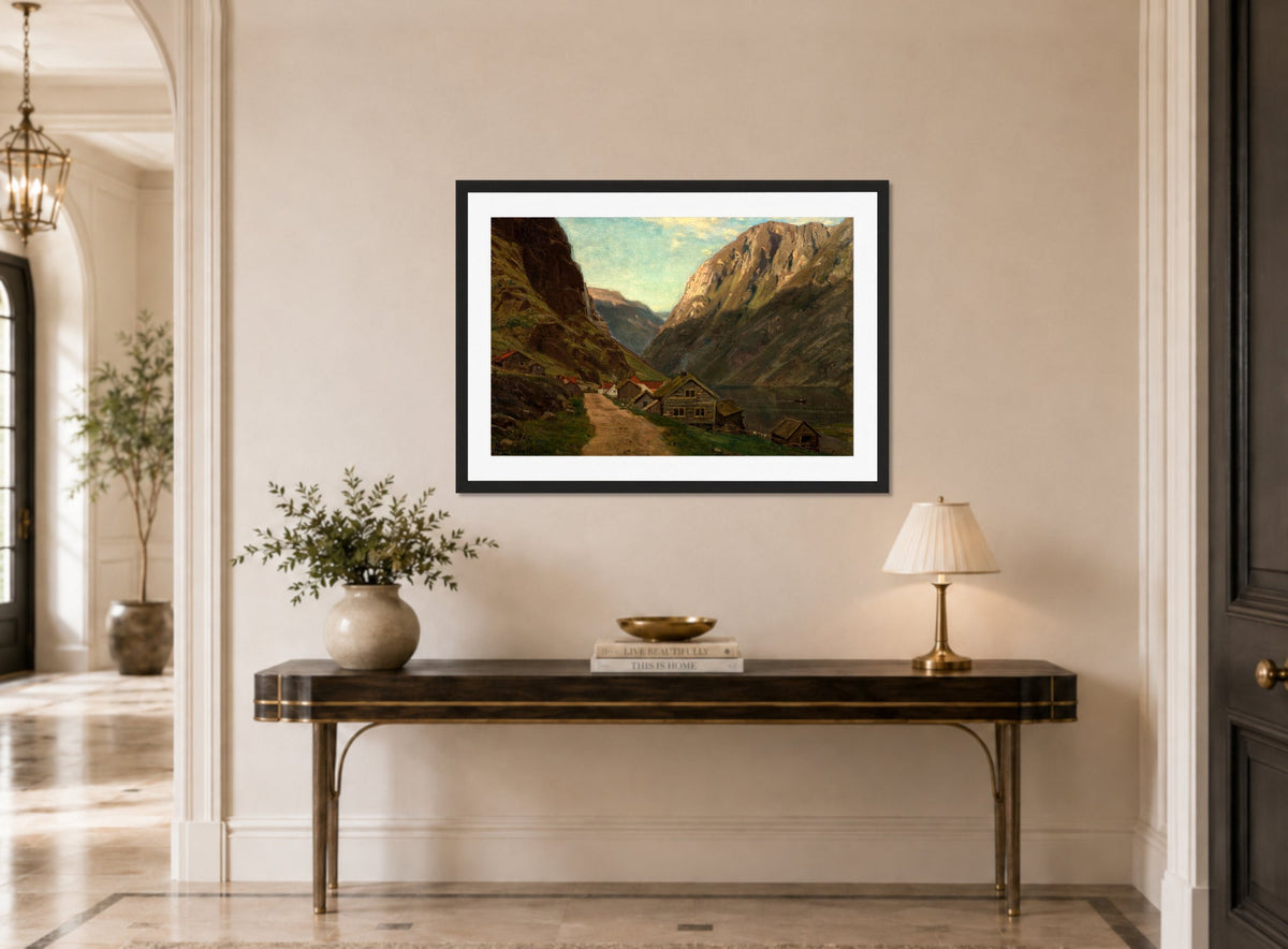 Amaldus Nielsen Print, Parti fra Gudvangen (1865) displayed above a console table