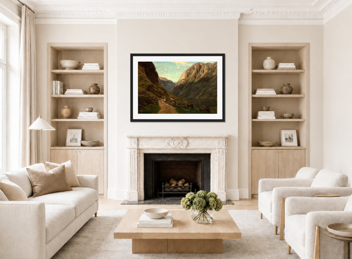 Amaldus Nielsen Print, Parti fra Gudvangen (1865) displayed in a Scandinavian living room