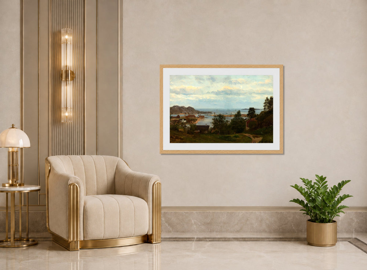 Amaldus Nielsen Print, Parti fra Mandal, Oxevolden (1862) displayed in an Art Deco interior