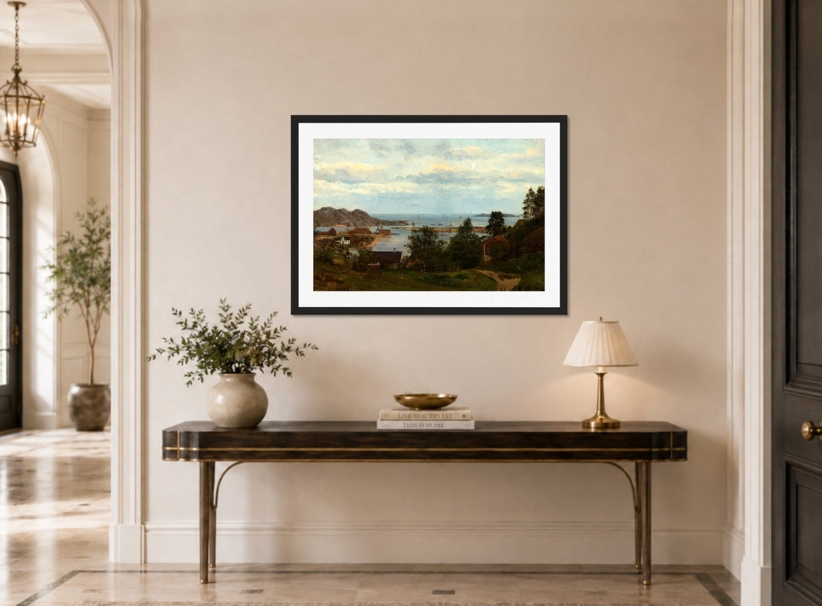 Amaldus Nielsen Print, Parti fra Mandal, Oxevolden (1862) displayed above a console table