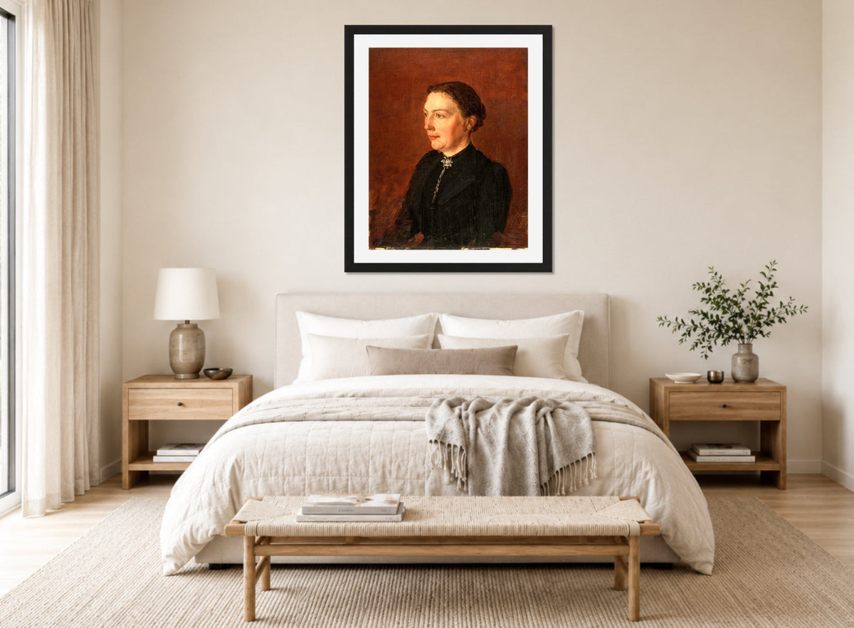 Amaldus Nielsen Print, Portrett (1890) displayed above a bed
