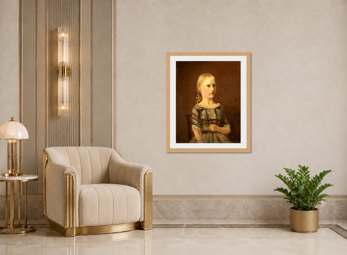 Amaldus Nielsen Print, Portrett av kunstnerens kusine fru Caterine Kamstrup (12 år) (1859) displayed in an Art Deco interior